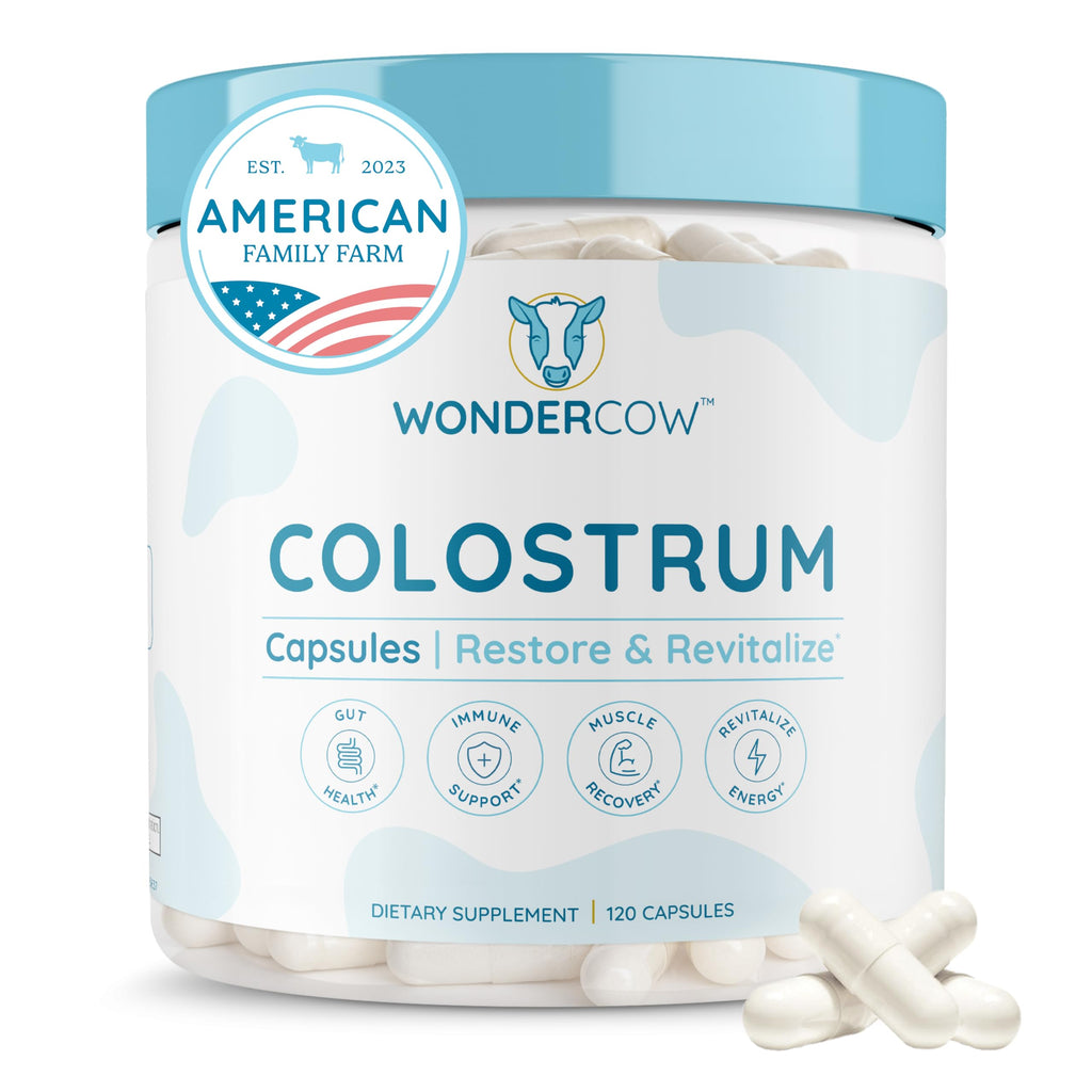 WONDERCOW Colostrum Capsules Supplement for Gut Health, Immune Support, Muscle Recovery & Wellness | Natural IgG Pure Whole Bovine Colostrum Superfood, Unflavored, 30 Servings