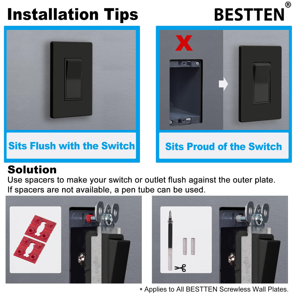 BESTTEN 20 Pack 1-Gang Black Screwless Wall Plate, Unbreakable Polycarbonate Outlet Cover, H4.69" x W2.91", for Light Switch, Dimmer, GFCI, USB Receptacle, Gloss