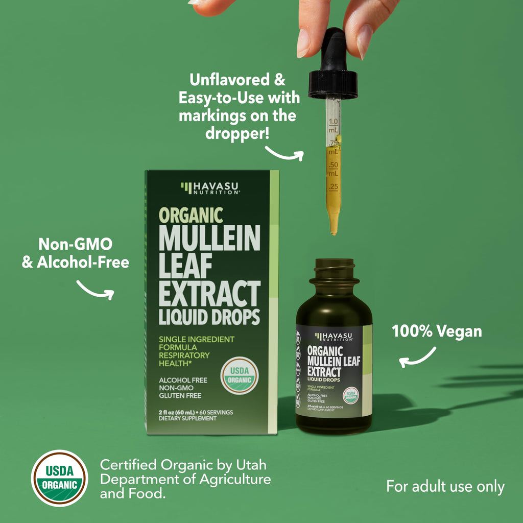 Mullein Drops for Lungs - USDA Organic Mullein Leaf Extract - Respiratory Health and Lung Support Supplement - 2 Fl Oz - Vegan, Non-GMO, and Alcohol Free Formula - Herbal Tincture - 2 Month Supply