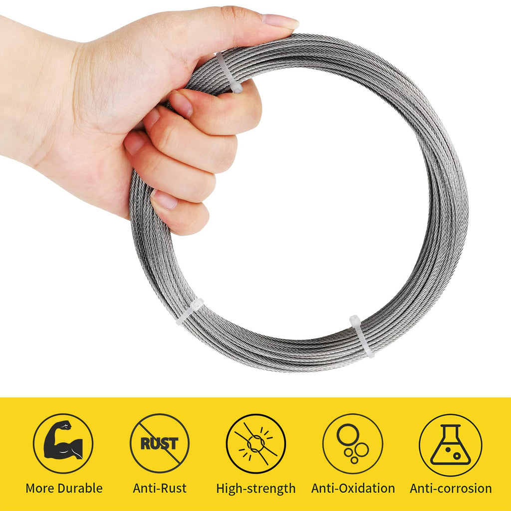1/16 Wire Rope, 100FT 304 Stainless Steel Cable with 50Pcs Crimp Sleeves, Aircraft Grade, 7x7 Strand, 368lbs Breaking Strength, for Garden Trellis, Clothesline, Railing,Trellis