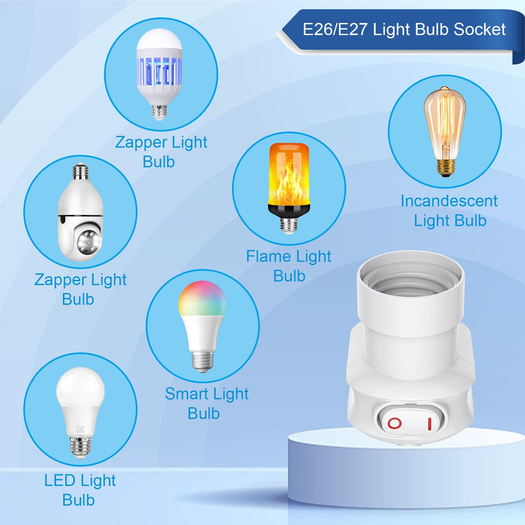 4 Pack Plug in Light Socket, 3-Prong Light Bulb Socket Adapter, 360° Rotatable Light Bulb Plug Adapter with Switch (ETL Listed, White)