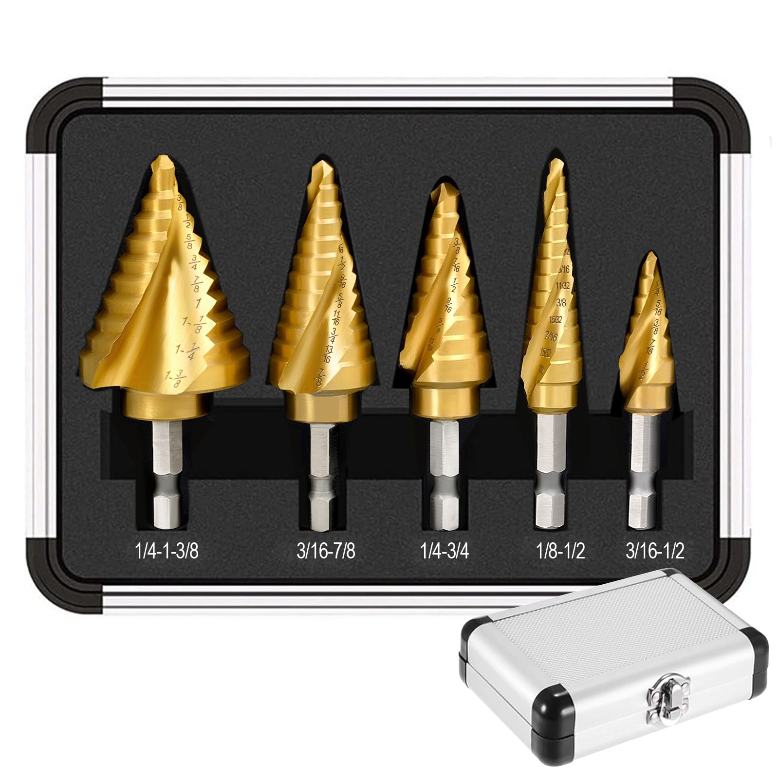 5PCS Titanium Step Drill Bit - 4241 HSS Step Bit with Two Spiral Grooved, 50 Sizes from 3/16" to 1-3/8", Steps Bits for Metal, Aluminum, Wood & Plastic, for Electricians & DIY