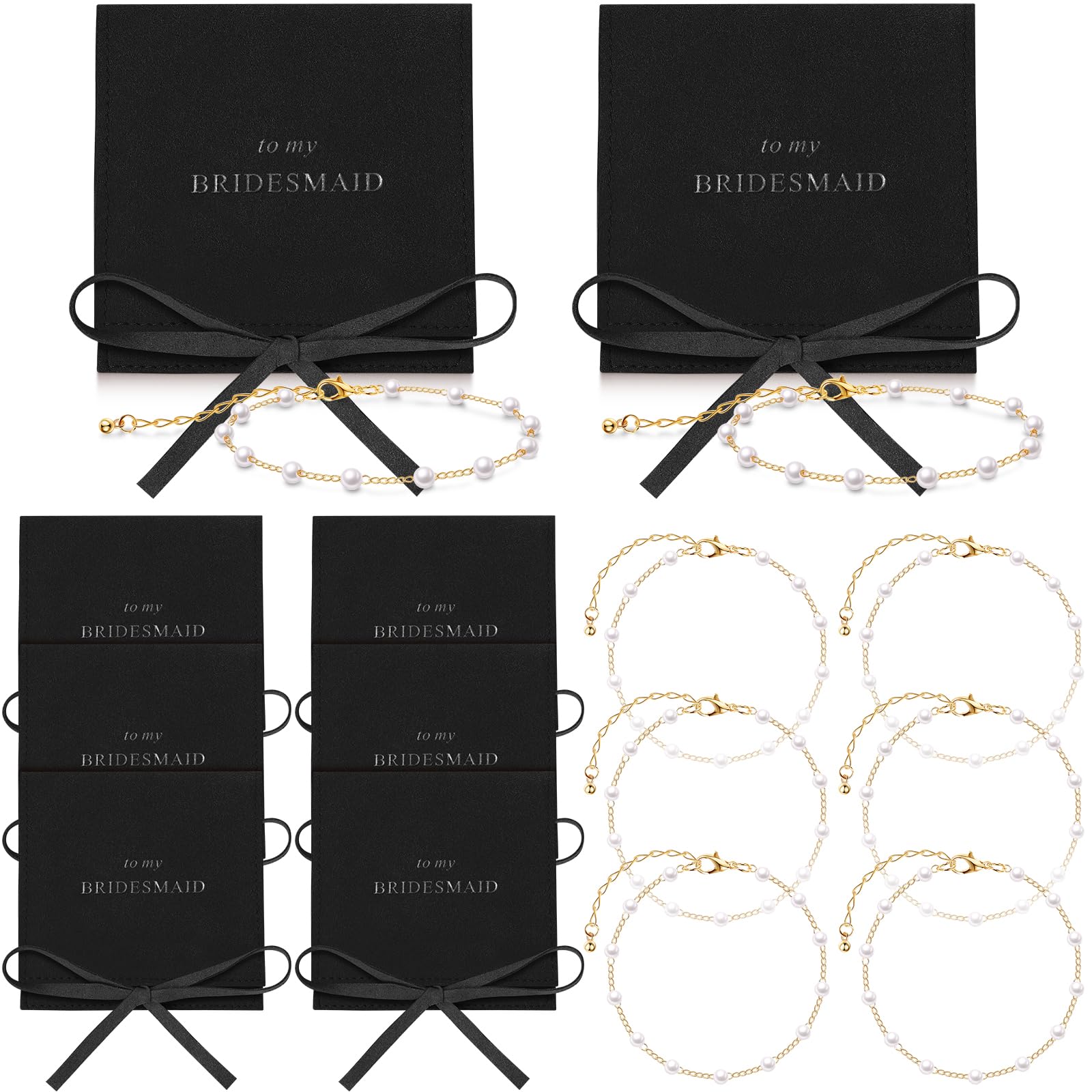 Quelay 16 Pcs Pearl Bridesmaid Bracelet Gift,Black, Gold;Bow Tie