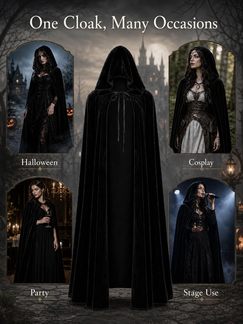 Vampire Super Long Shawl,Halloween Black Cloak Adult Hooded Cape
