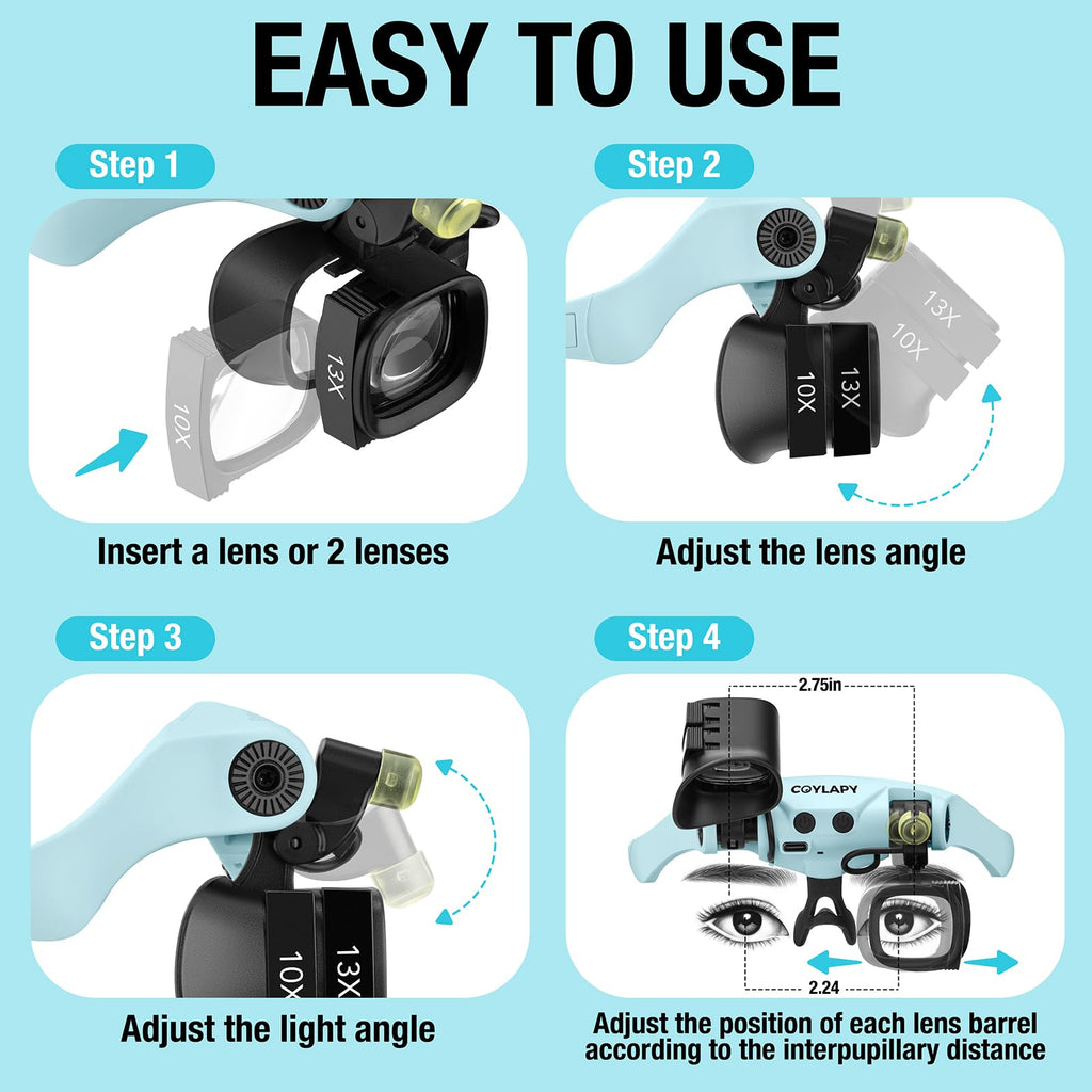 COYLAPY Magnifying Glasses for Close Work, Jewelers Magnifying Glass with Light & 5 Interchangeable Lens Pairs(2X 4X 6X 10x 13x), Headband Loupe Magnifier for Watch Repair,Crafts (Blue)