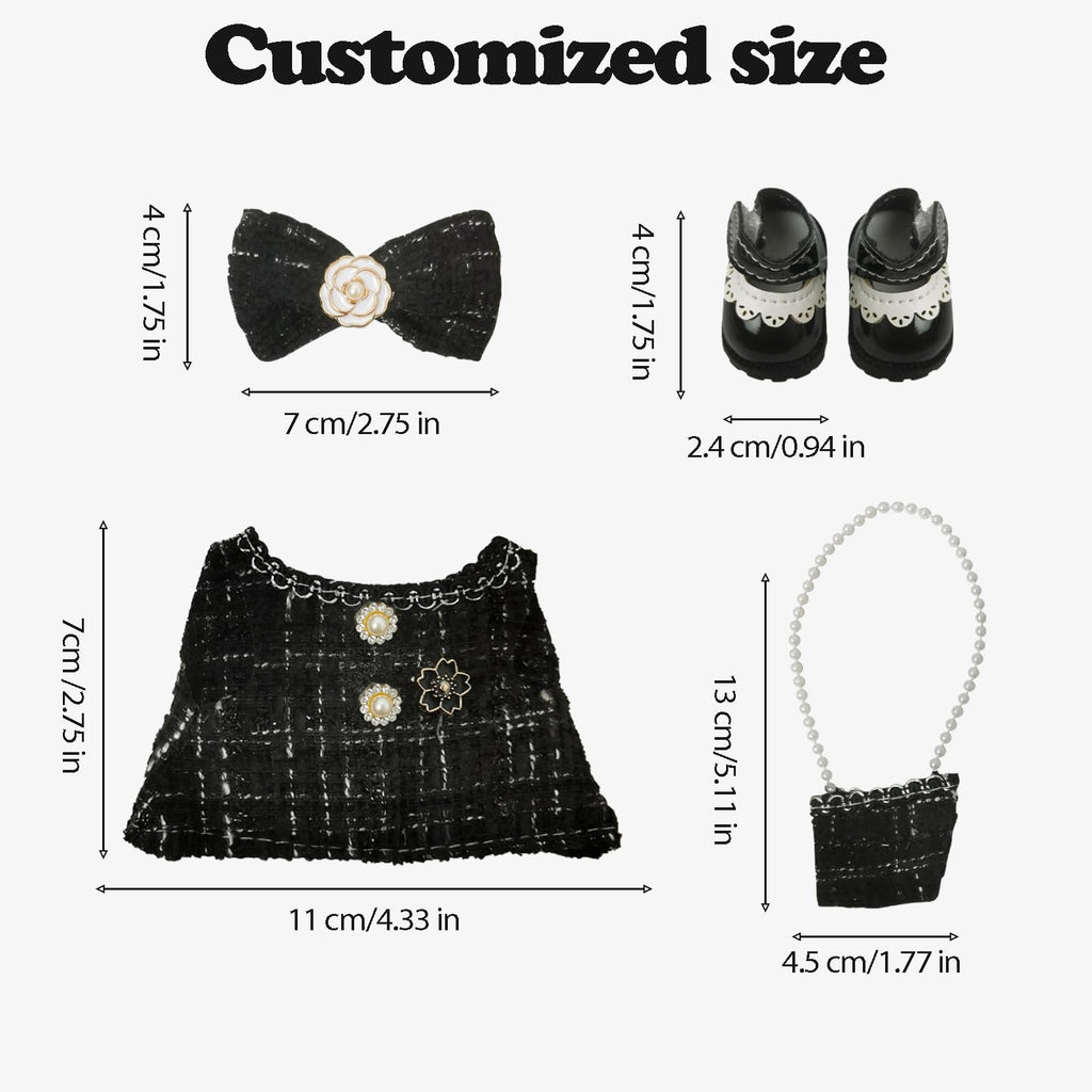 Clothes Compatible with LABUBU Doll – 4PCS Black Tweed Dress Set, 17cm Doll Clothes Designer Outfit for Classic Dinner Party Theme, Stylish Accessories for Labubu, No Doll (Midnight Tweed Charm)