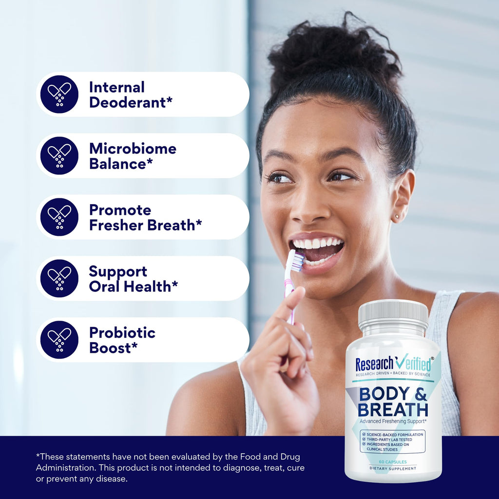 Research Verified Body & Breath Natural Deodorant & Freshener - Bad Breath & Body Odor Supplement - 60 Capsules (1 Month Supply)
