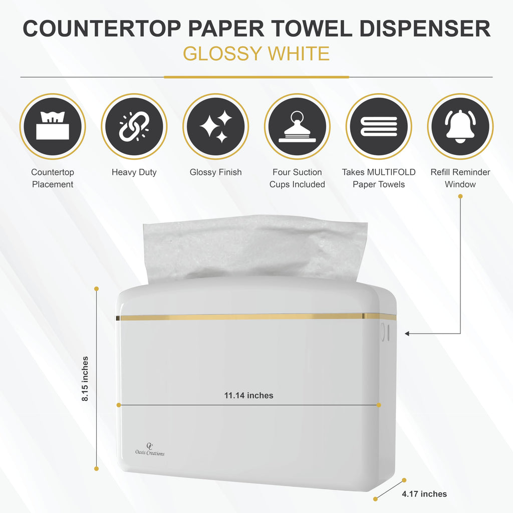 Countertop Multifold Hand Paper Towel Dispenser by Oasis Creations, Single Sheet Dispensing – Glossy White