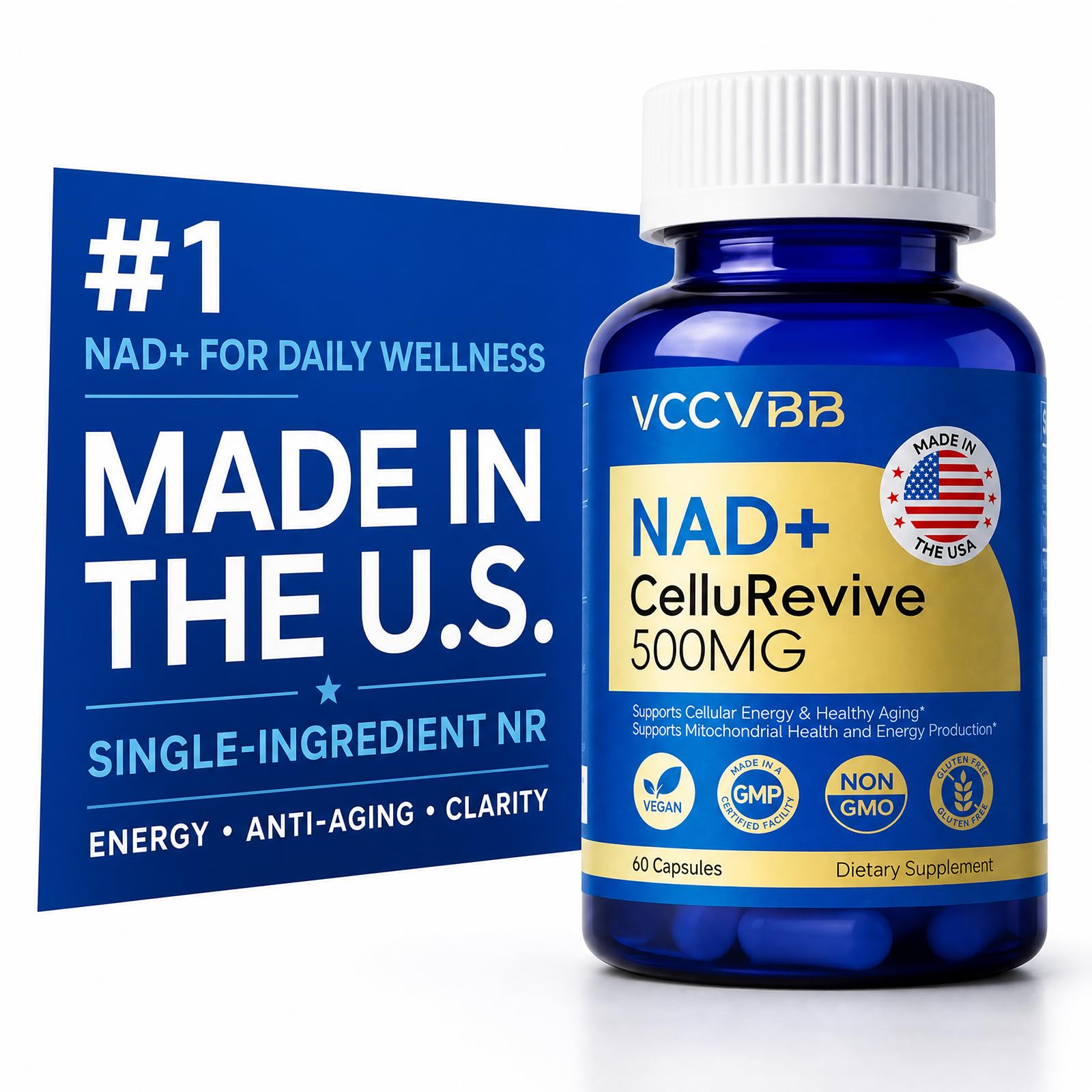 VCCVBB NAD+ Supplement 500mg - Nicotinamide Riboside for Cellular Energy & Mitochondrial Health, NAD Plus Boosting Support Healthy Aging, Stamina & Vitality for Women & Men - 60 Capsules