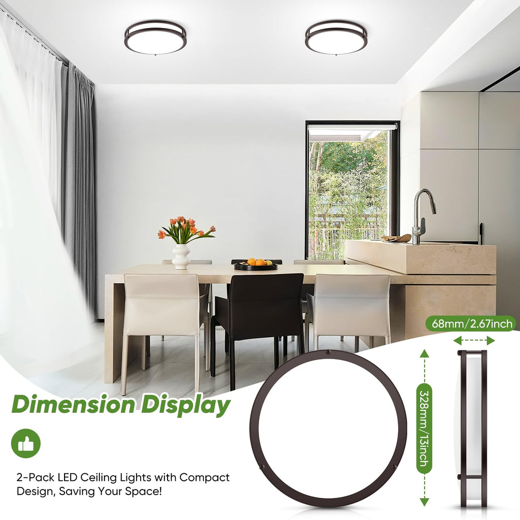 2-Pack 36W LED Ceiling Lights, 13inch Oil Rubbed Bronze Flush Mount Light Fixtures 3600LM 2700K/3000K/4000K/5000K/6500K Adjustable Ceiling Lights, Modern Dimmable Lighting for Kitchen Hallway Bathroom