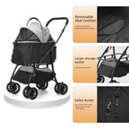 COOLCRAB Pet Stroller Quickly Folds for Easy Storage Cat Stroller with Detachable Carrier Thickened Oxford Cloth Breathable Basket Dog Strollers for Small Dogs (Grey)