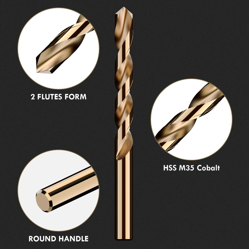 MACXCOIP Cobalt Drill Bit Set, 15Pcs M35 High Speed Steel Jobber Length Drill Bit Kit for Hardened Metal, Stainless Steel, Cast Iron, Wood and Plastic, with Index Storage Case, 1/16"-3/8"