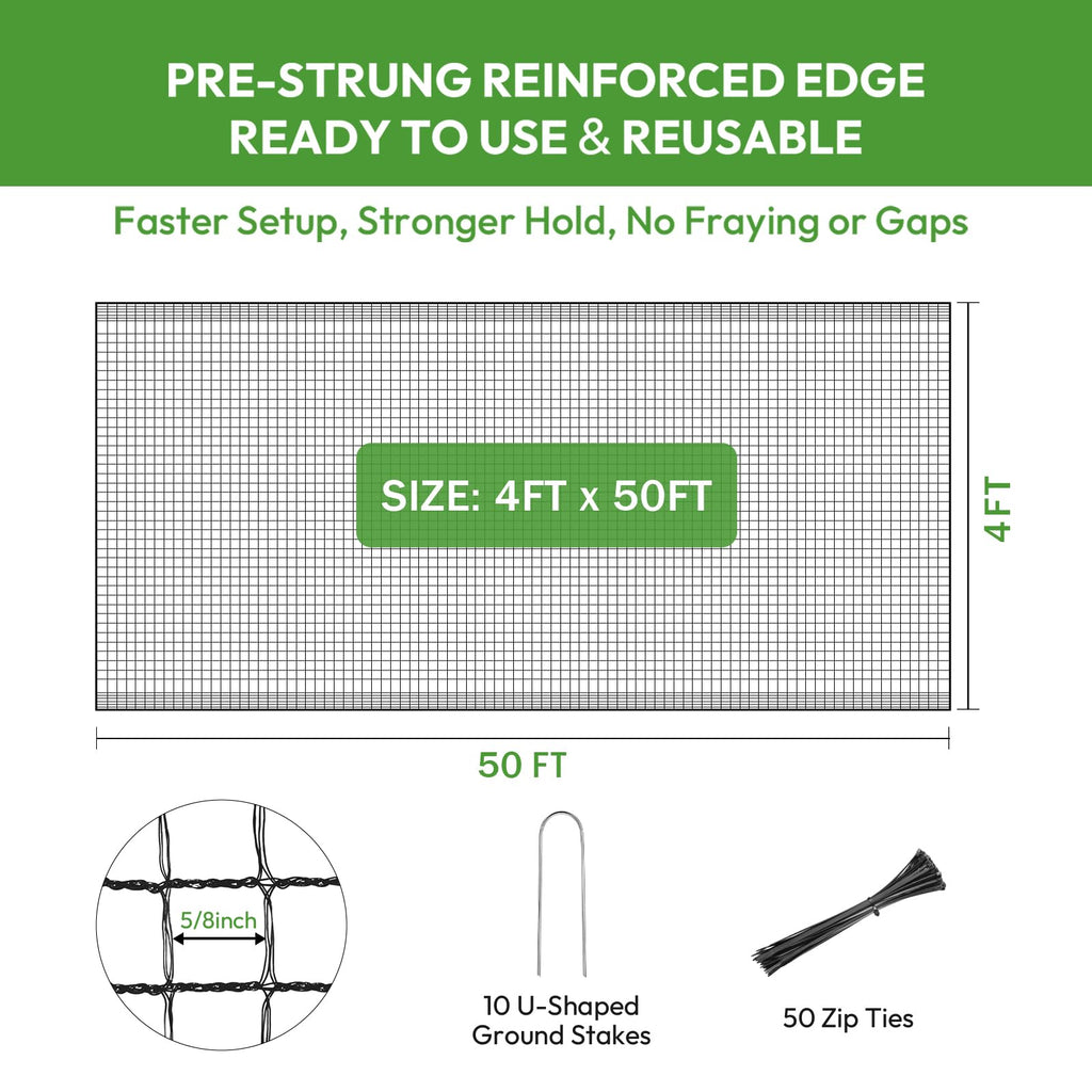 Deer Fence for Garden 4ftx50ft, Plastic Mesh Garden Fencing with Pre-Strung Reinforced Edge, Durable Temporary Fencing, Animal Barrier Fence, Ideal Safe Netting for Poultry, Fruit & Plant Protection