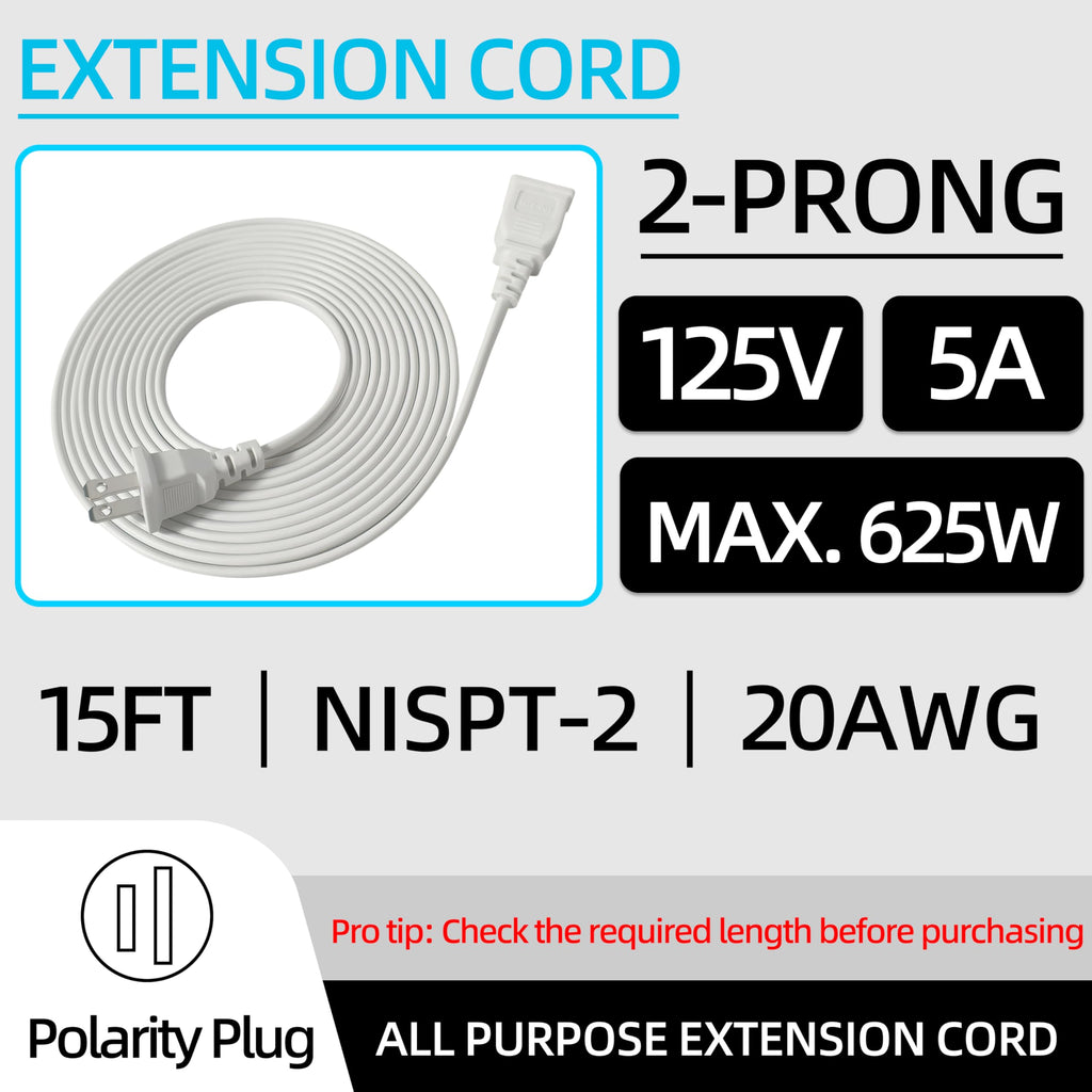 15FT White Flat Extension Cord Two Prong Polarized Light-Duty Power Cable, 125V 5A 625W for Indoor/Home Use, Slim Design for Christmas Lights, Halloween Decor, Lamps & Small Appliances (2 Pack)