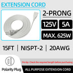 15FT White Flat Extension Cord Two Prong Polarized Light-Duty Power Cable, 125V 5A 625W for Indoor/Home Use, Slim Design for Christmas Lights, Halloween Decor, Lamps & Small Appliances (2 Pack)