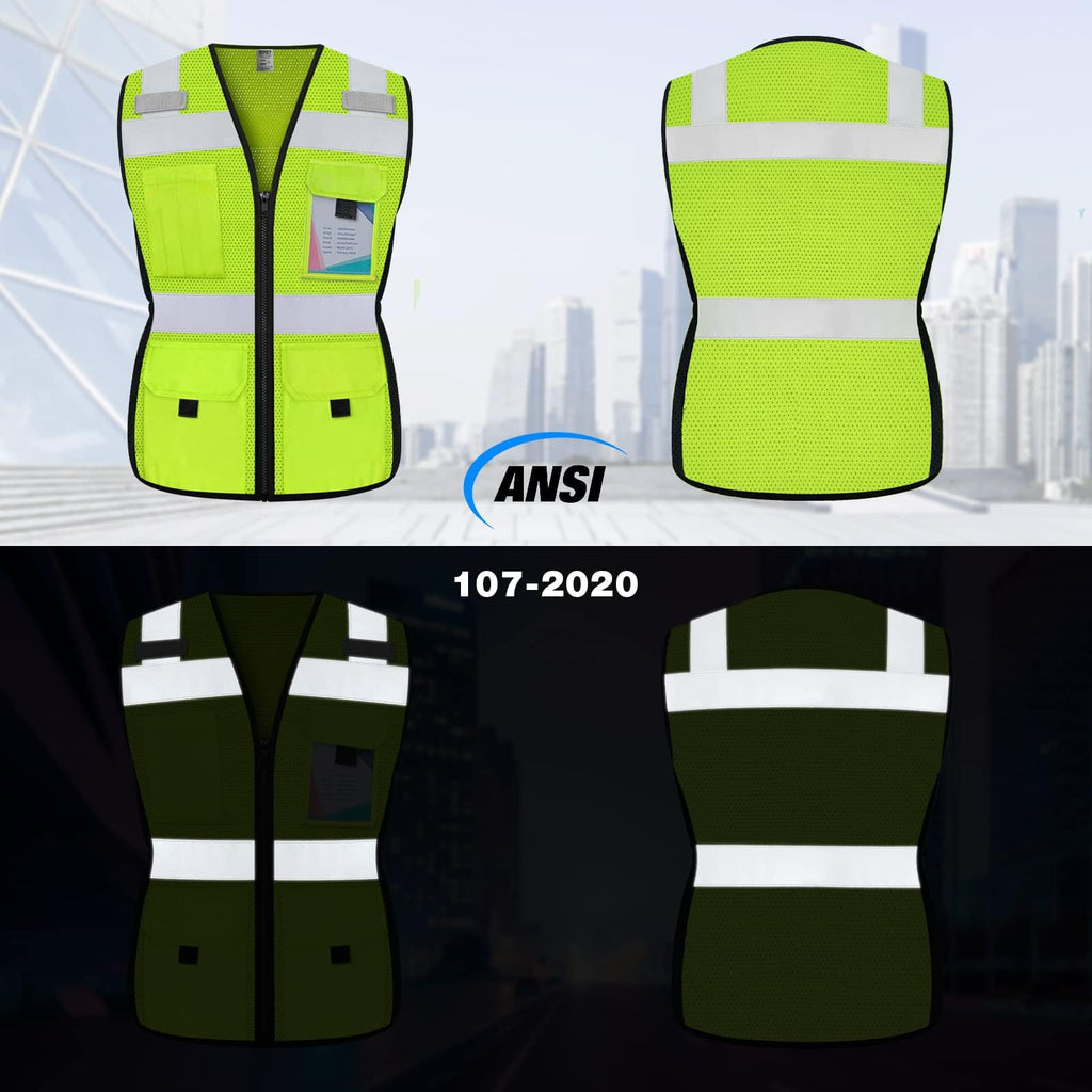 TCCFCCT Women Reflective Vest 11 Pockets High Visibility Mesh Safety Vest for Lady, Neon Construction Work Vest with Zipper, Snug-Fit, Durable with Reinforced Sewing, ANSI Compliant, Yellow S