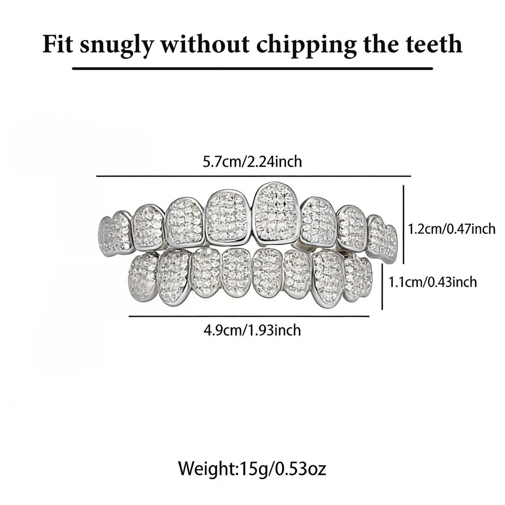 Custom Diamond Grillz for Men - Iced Out Detachable Gold & Silver Teeth Covers - Bling Hip Hop Mouth Jewelry (Silver)