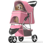 OS MOTOR Pet Stroller with 3 Wheels for Small/Medium Pets, Portable Travel Foldable Carrier Jogger for Dog Cat Puppy Kitty, Rear Wheel Breaks, Storage Basket, Visible Mesh with Weather Cover (Pink)