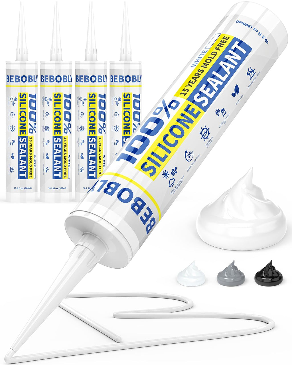 White Silicone Caulk & Sealant, 100% Waterproof Silicone Sealant Caulking, Shrink & Crack Proof, Silicone Caulking for Kitchen, Bathroom, RV, Interior & Exterior Use, 10.2 FL. OZ/300ML, 4 Pack