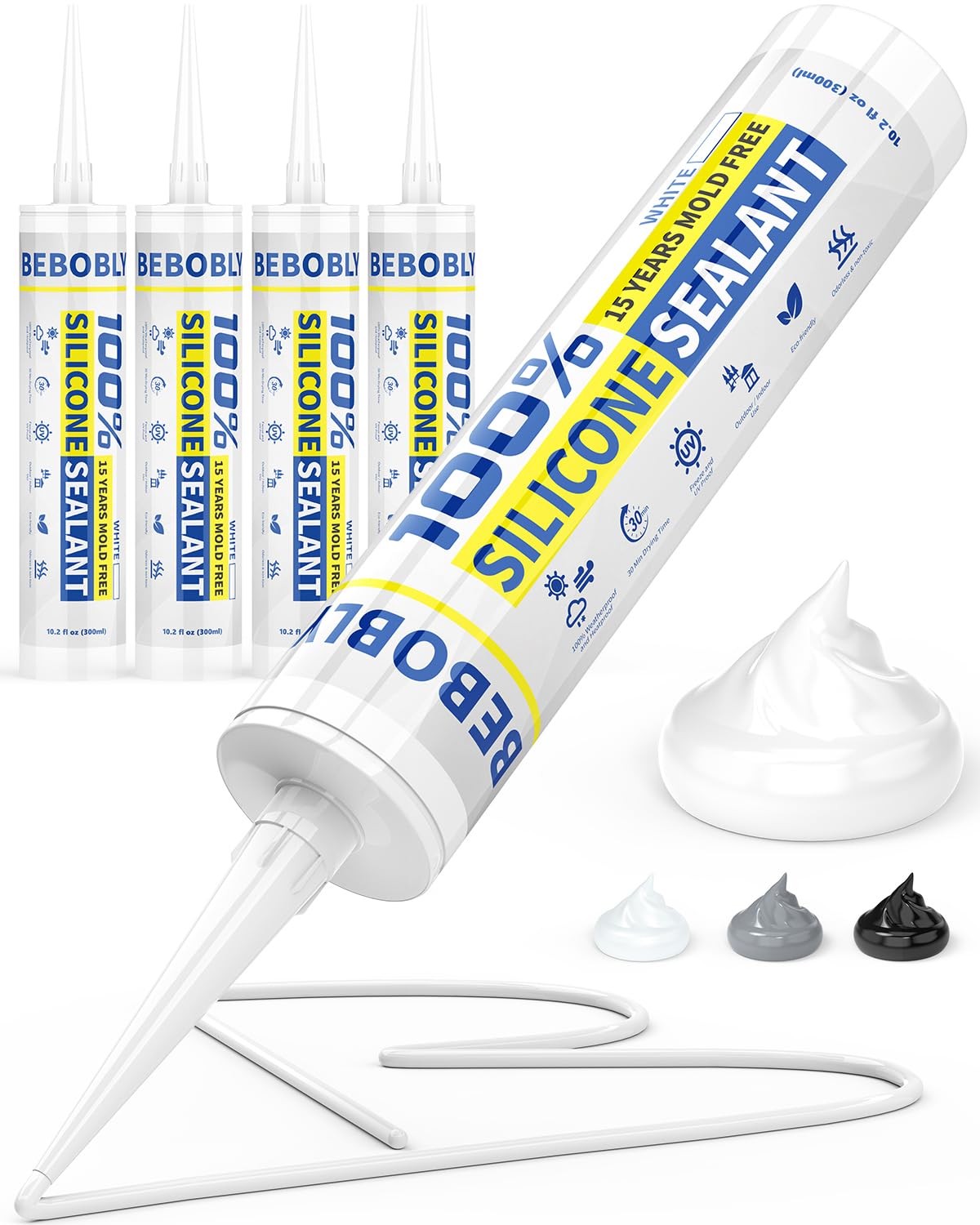 White Silicone Caulk & Sealant, 100% Waterproof Silicone Sealant Caulking, Shrink & Crack Proof, Silicone Caulking for Kitchen, Bathroom, RV, Interior & Exterior Use, 10.2 FL. OZ/300ML, 4 Pack