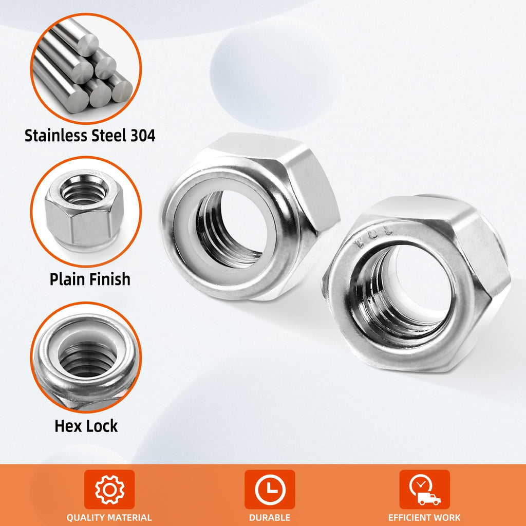 MewuDecor #10 32 Nylon Insert Hex Lock Nuts Locknuts, 304 Stainless Steel 18-8, Bright Finish, 50 PCS