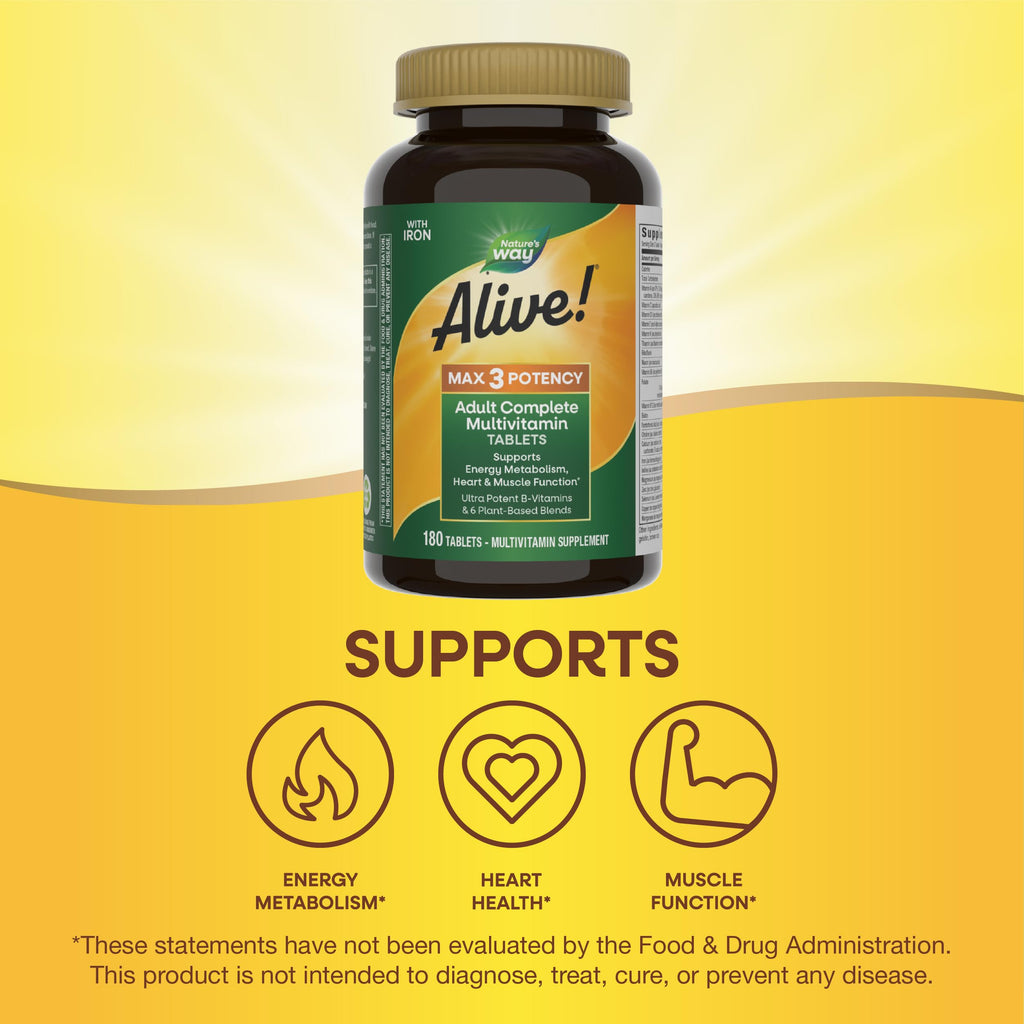 Nature's Way Alive! Max3 Potency Daily Multivitamin, Methylated B12 and Folate, Ultra Potency B-Vitamins to Support Energy Metabolism*, 180 Tablets, (Pack of 2)