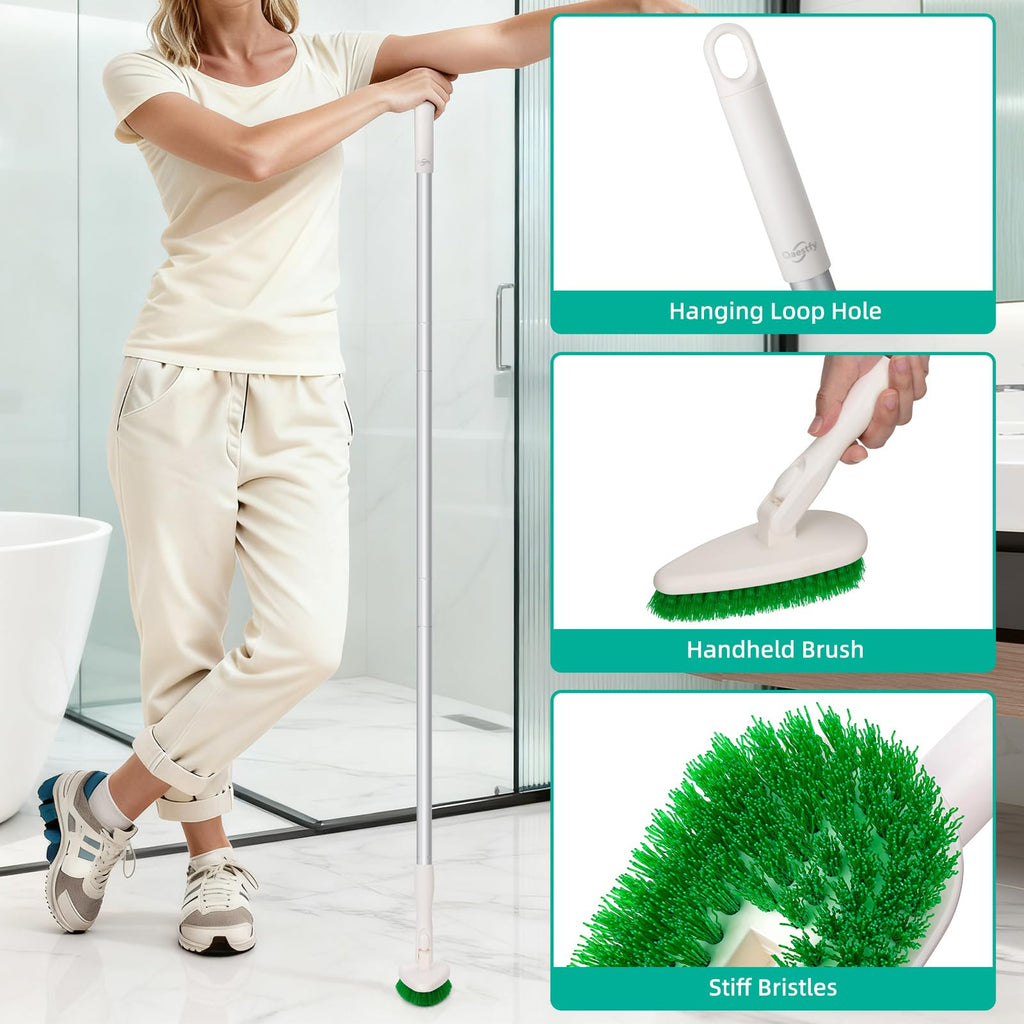Qaestfy 4-in-1 Tub and Tile Shower Scrubber, 51'' Bathtub Cleaning Brush with Long Handle, Soft & Stiff Bristles Bathroom Scrub Brush, Non-Scratch Shower Cleaner Brush for Cleaning