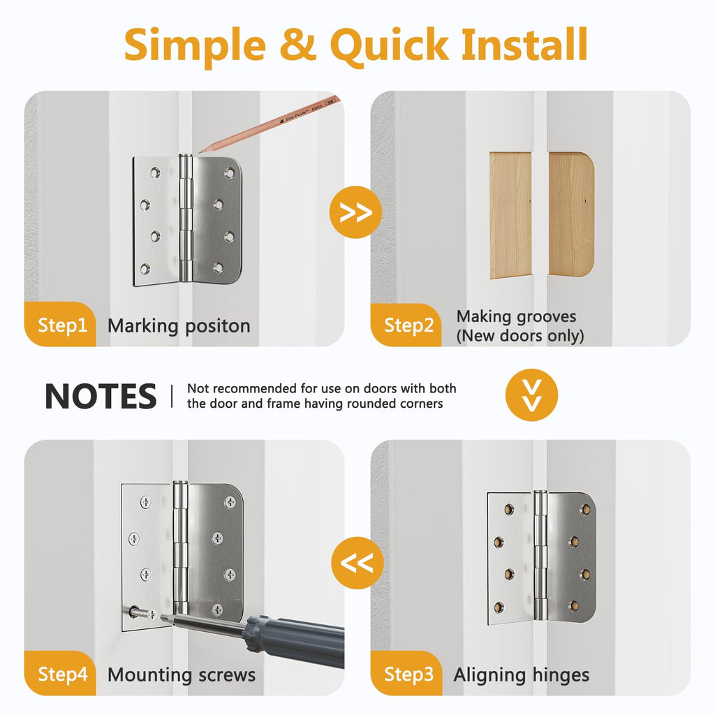 Luxbaro 6 Pack Brushed Nickel Door Hinges 4 Inch, Exterior Door Hinges with Square & 5/8" Radius, Removable Pin, Perfect for Heavy-Duty Front & Back Door, Antirust & No Squeaks