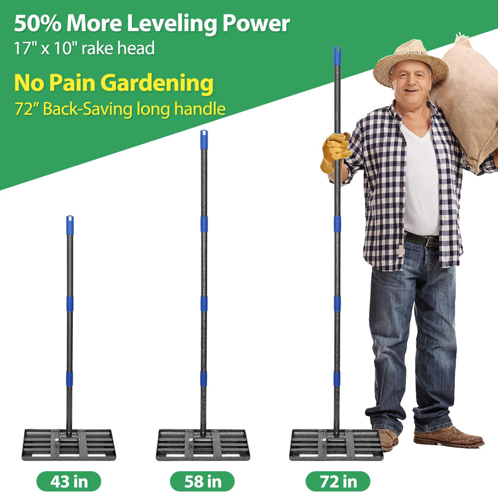 Lawn Leveling Rake, 6 FT Long Lawn Leveler with 17 x 10 Small Rakes Head for Smooth Garss Soil Dirt Sand, High Effect Long Handle Ground Leveling Tool with Round Edge for Yard Garden, No Flip