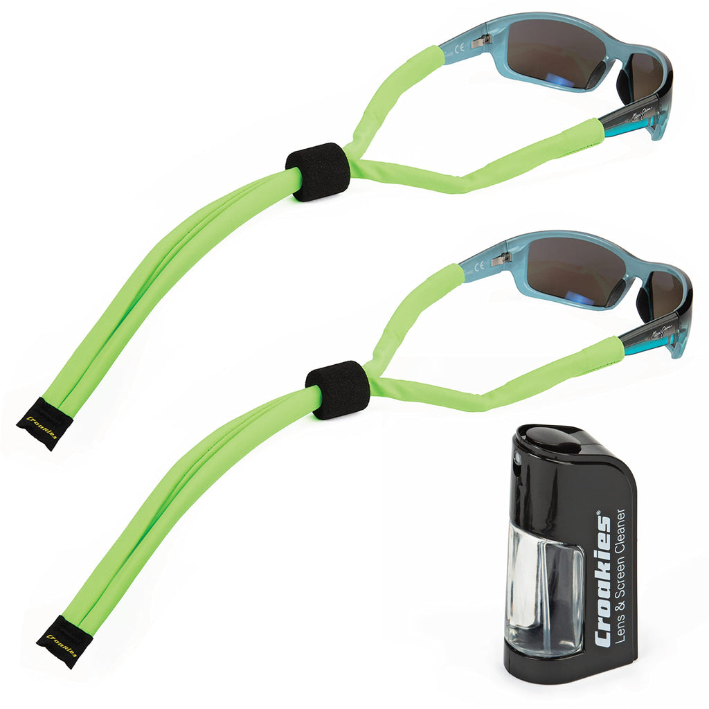 Croakies Lycra Suiters Floater Glasses Strap and Glasses Cleaner Kit, Neon Green Two-Pack