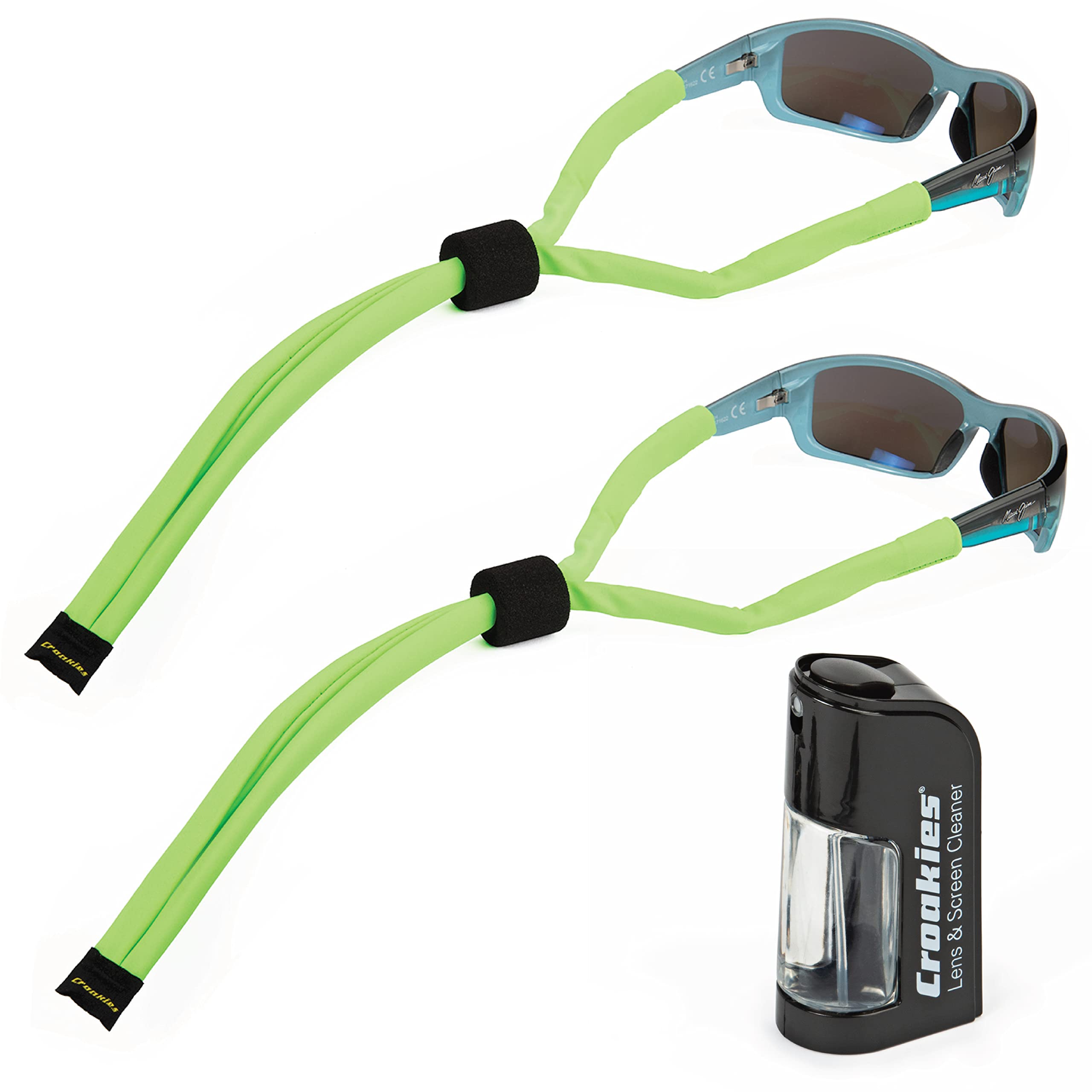 Croakies Lycra Suiters Floater Glasses Strap and Glasses Cleaner Kit, Neon Green Two-Pack