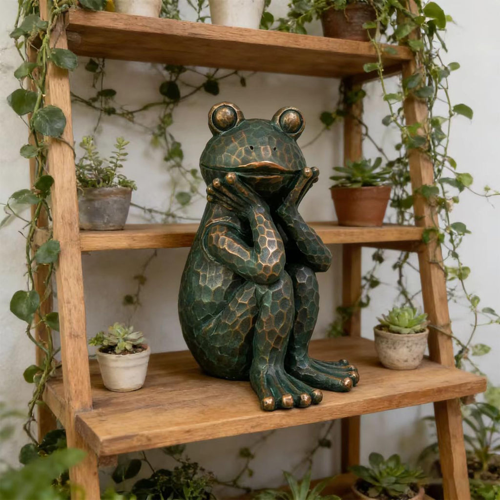 ResinHaven 10" H Meditation Frog Lawn & Garden Statue, Verdigris Green