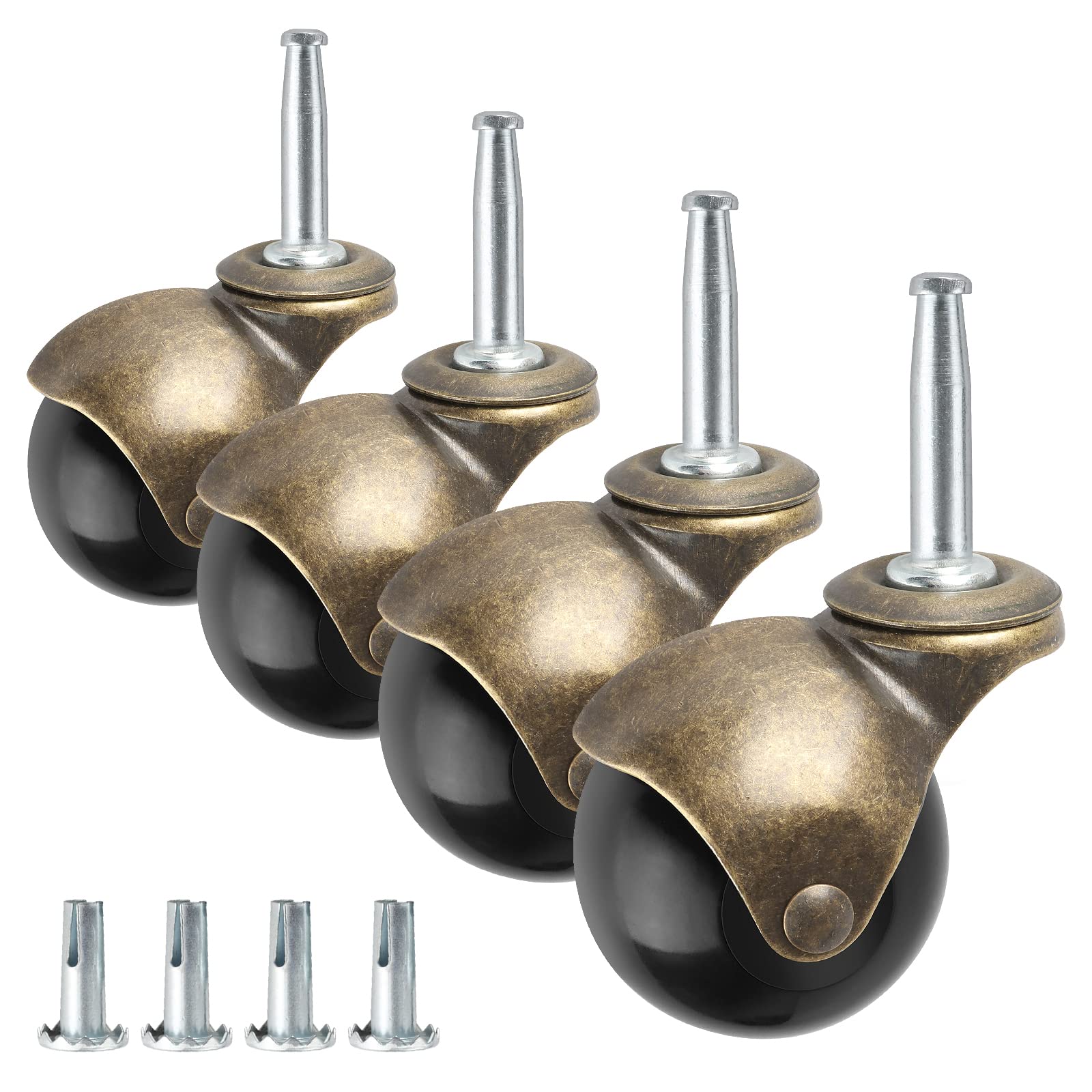 2" Ball Caster Wheels, casters Set of 4 Brass Vintage Antique Caster 5/16" x 1 1/2" (8 x 38mm) Wheels Pole with Sleeve for Furniture, Chairs, Cabinets, （casters Set of 4 Heavy Duty）