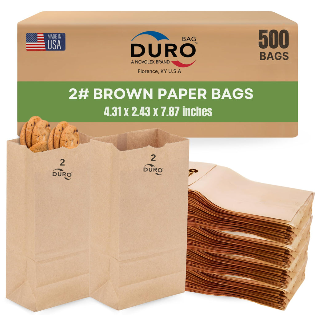 Duro 2# Brown Paper Lunch Bags 500 Count, Bulk Disposable Brown Paper Bags, SOS Small Lunch Bag for Candy, Snacks & Treats - 4.31 x 2.43 x 7.87 Inches