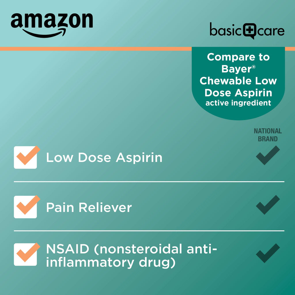 Amazon Basic Care Low Dose Aspirin 81 mg Chewable Tablets, Pain Reliever for Minor Aches, Orange Flavor, 36 Count