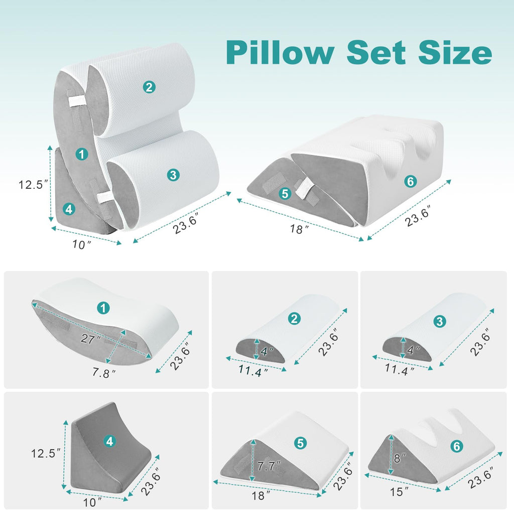 Hansleep Bed Wedge Pillow Set for After Surgery 6PCS, Post Surgery Pillow for Sleep Apnea and Acid Reflux Relief, Adjustable Reading Pillows Back Support with Memory Foam, White, 23"