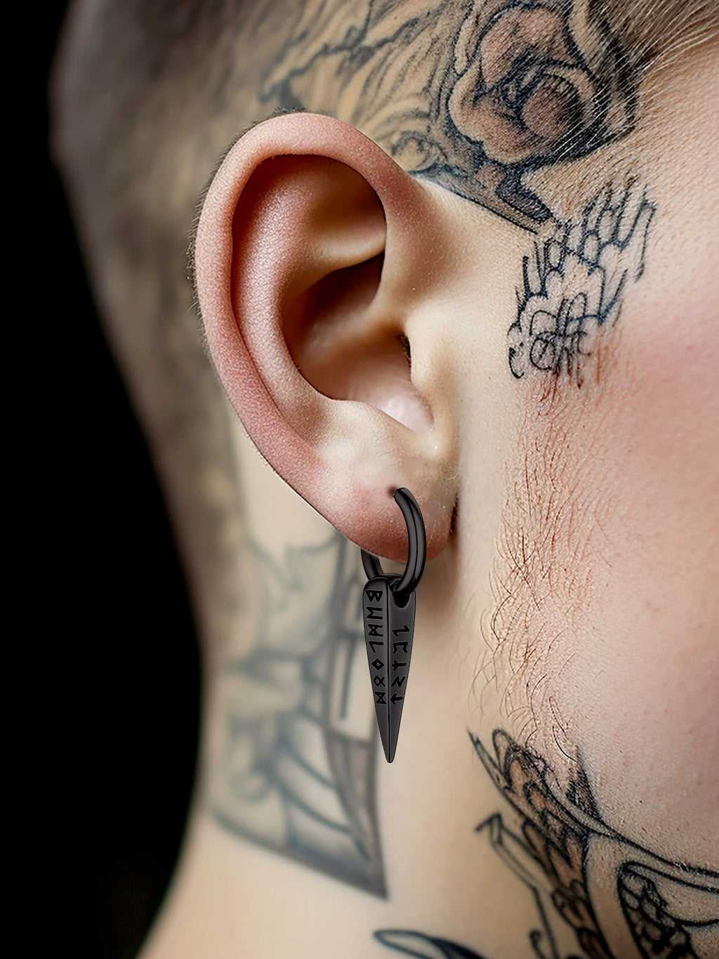 FaithHeart Viking Runes Spike Dangle Huggie Hoop Earrings for Men Black