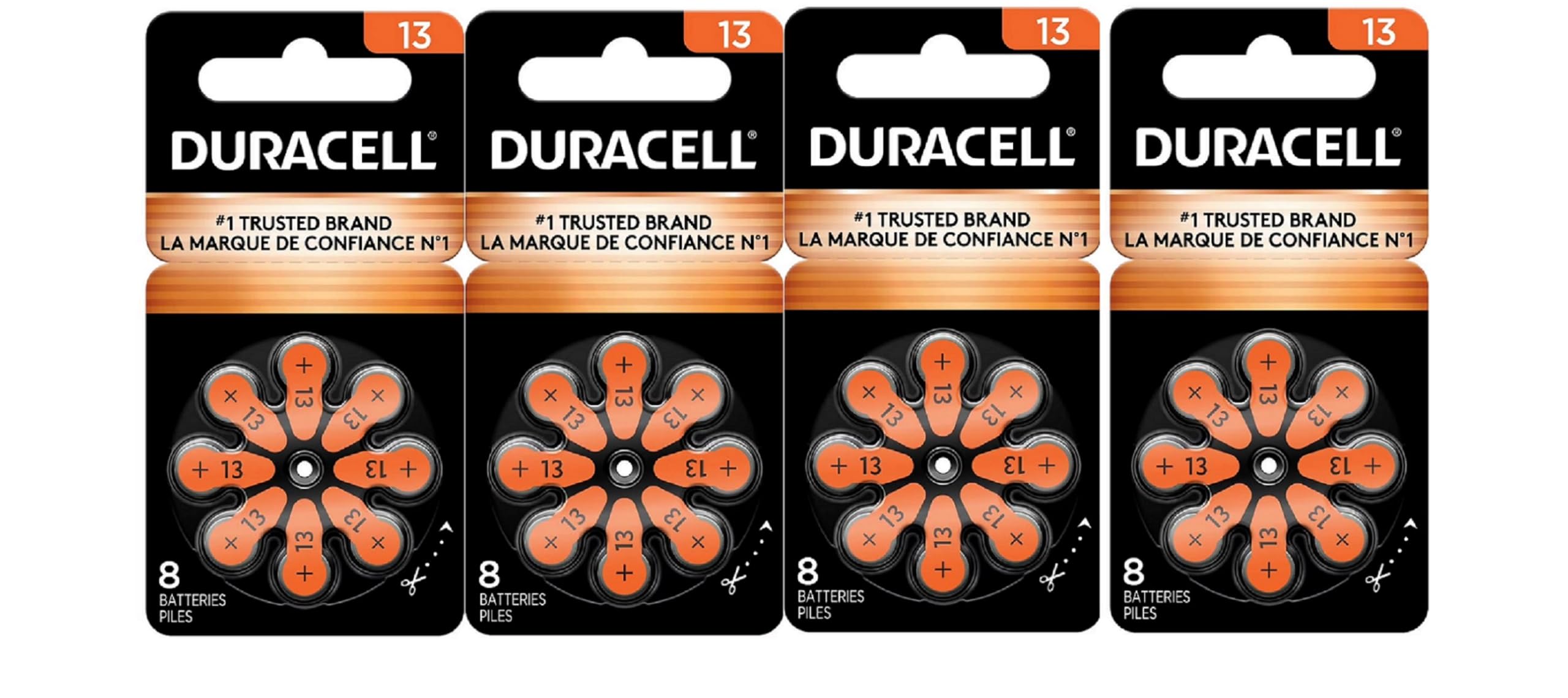 Duracell Hearing Aid Batteries Orange Size 13, 32 Count Pack, 13A Size Hearing Aid Battery with Long-Lasting Power, Extra-Long EasyTab Install for Hearing Aid Devices