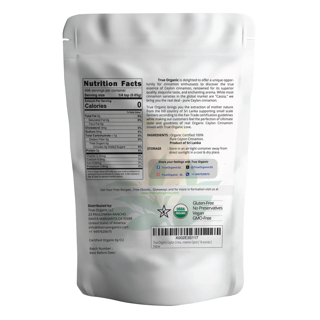 True Organic Pure Ceylon Cinnamon Powder, 1 lb, Premium Grade, Gluten Free, USDA & Kosher Certified, Organic Ground Cinnamon powder, Non-GMO, Ceylon Premium Quality