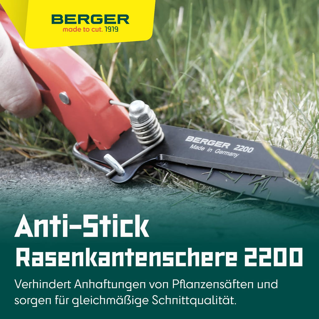 BERGER Grass Shears – Lawn Edging Clippers with Self-Sharpening Anti-Stick Blades, Forged Steel Construction, Ambidextrous Design, Ring Clasp for Hanging Storage – 2200