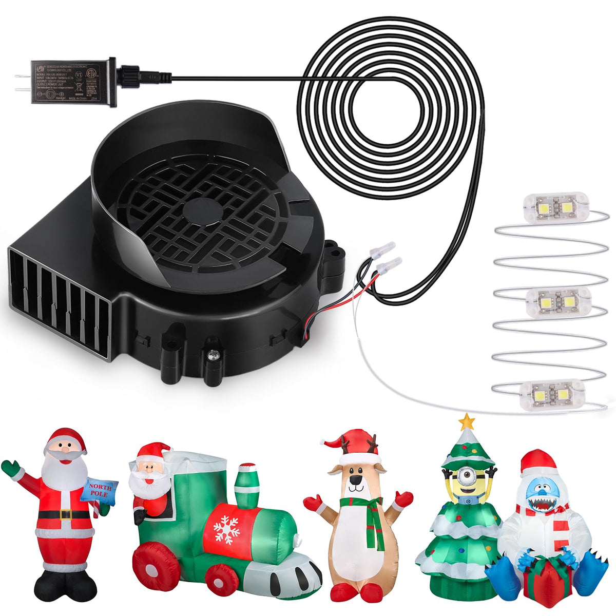 Air Blower Fan for Inflatables, 12V 0.8A Replacement Blower Fan with 1.0A Adapter and 3 LEDs Bulbs Light for Halloween and Christmas Inflatables (IP68 Waterproof, 4500RPM, 3.8 * 3.8'')