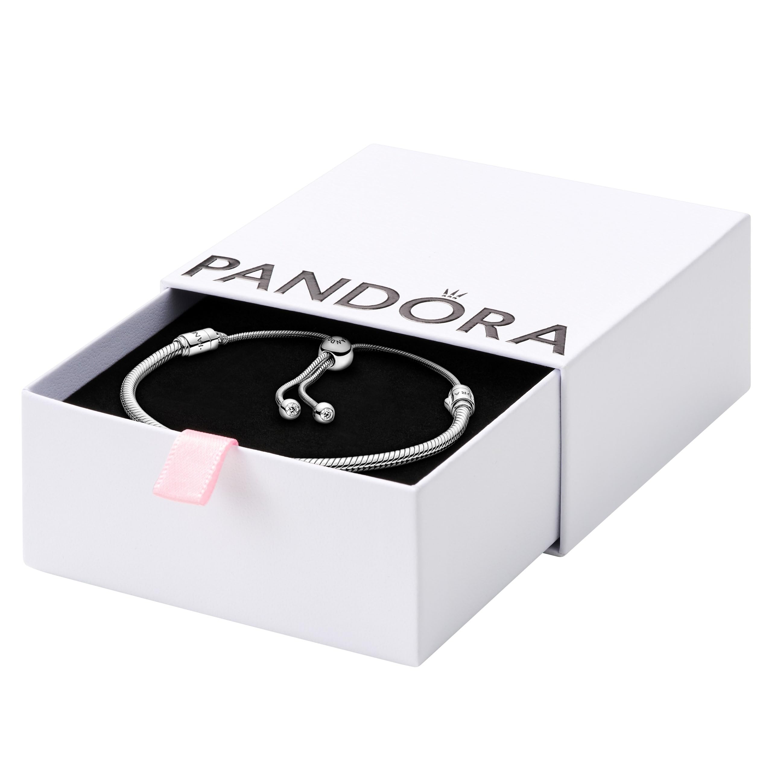 PANDORA Moments Snake Chain Slider Bracelet - Charm Bracelet for Women - Sterling Silver with Clear Cubic Zirconia - 11"
