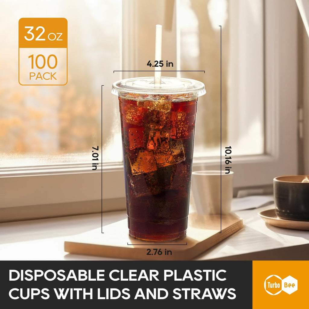 Turbo Bee 100 Sets 32 OZ Clear Plastic Cups with Lids and Straws, Disposable To Go Iced coffee cups with lids for Cold Drinks, Smoothie, and Slushie