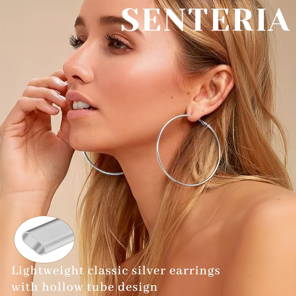 Senteria 925 Sterling Silver Hoop Earrings for Women Lightweight Thin 50MM