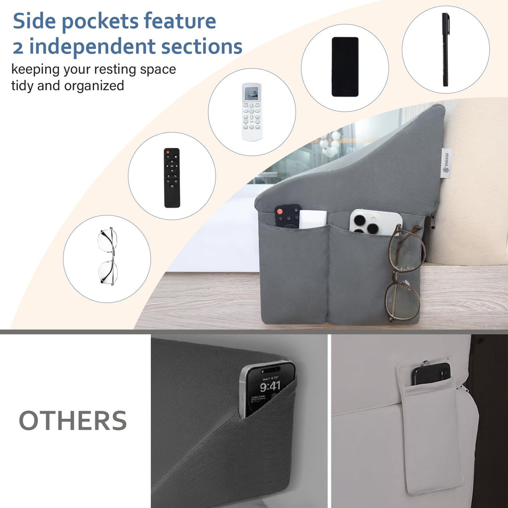 Vekkia Queen Bed Wedge Pillow for Headboard Gap – 0–6" Bed Gap Filler with Firm Foam Support & Extra-Large Pockets – Prevents Lost Pillows, Phones & Small Items(Gray)