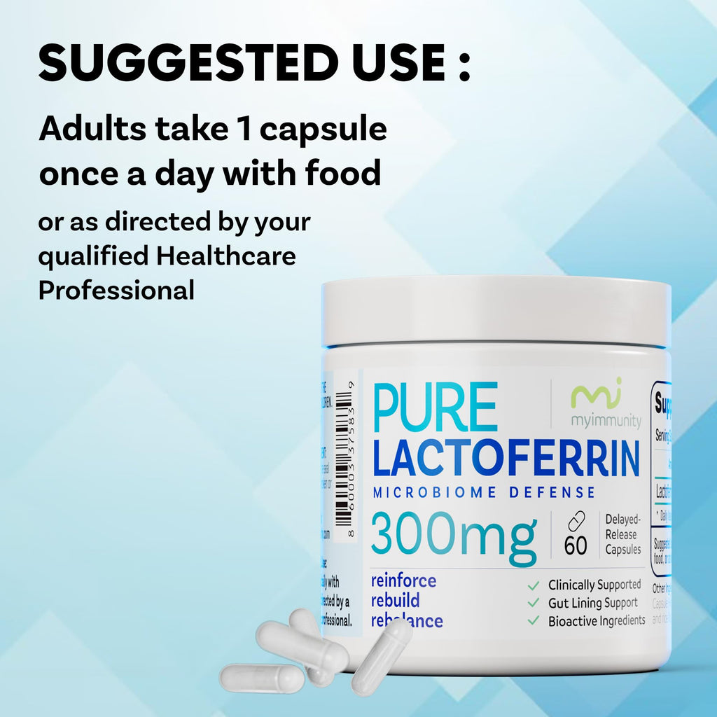 Lactoferrin 300mg Delayed Release Capsules - MyImmunity Premium Immune Support Supplement with Iron Absorption - Freeze Dried, Non-GMO, Gluten Free, Vegetarian - 60 Count (2 Month Supply)