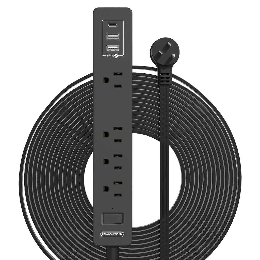 Extension Cord 15 Ft, NTONPOWER Flat Plug Power Strip Bar with 2 USB 4 Outlets (1 Widely Outlet), Thin Flat Extension Cord Under Rug, Carpet, Wall Mount Charging Station for Home Office, Black