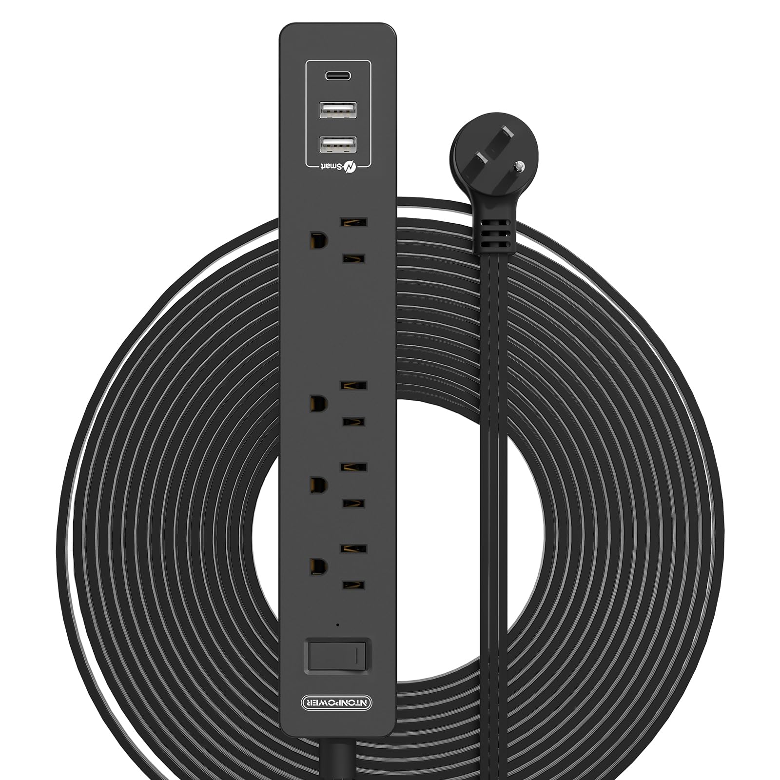 Extension Cord 15 Ft, NTONPOWER Flat Plug Power Strip Bar with 2 USB 4 Outlets (1 Widely Outlet), Thin Flat Extension Cord Under Rug, Carpet, Wall Mount Charging Station for Home Office, Black