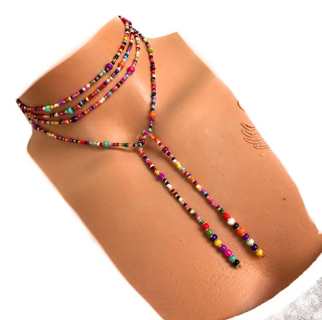 Colorful Bead Necklace, Long Tie Choker, Wrap Necklace, Wrap Seed bead, Lariat Necklace, Christmas Gift Woman, Wrapped Beaded Choker