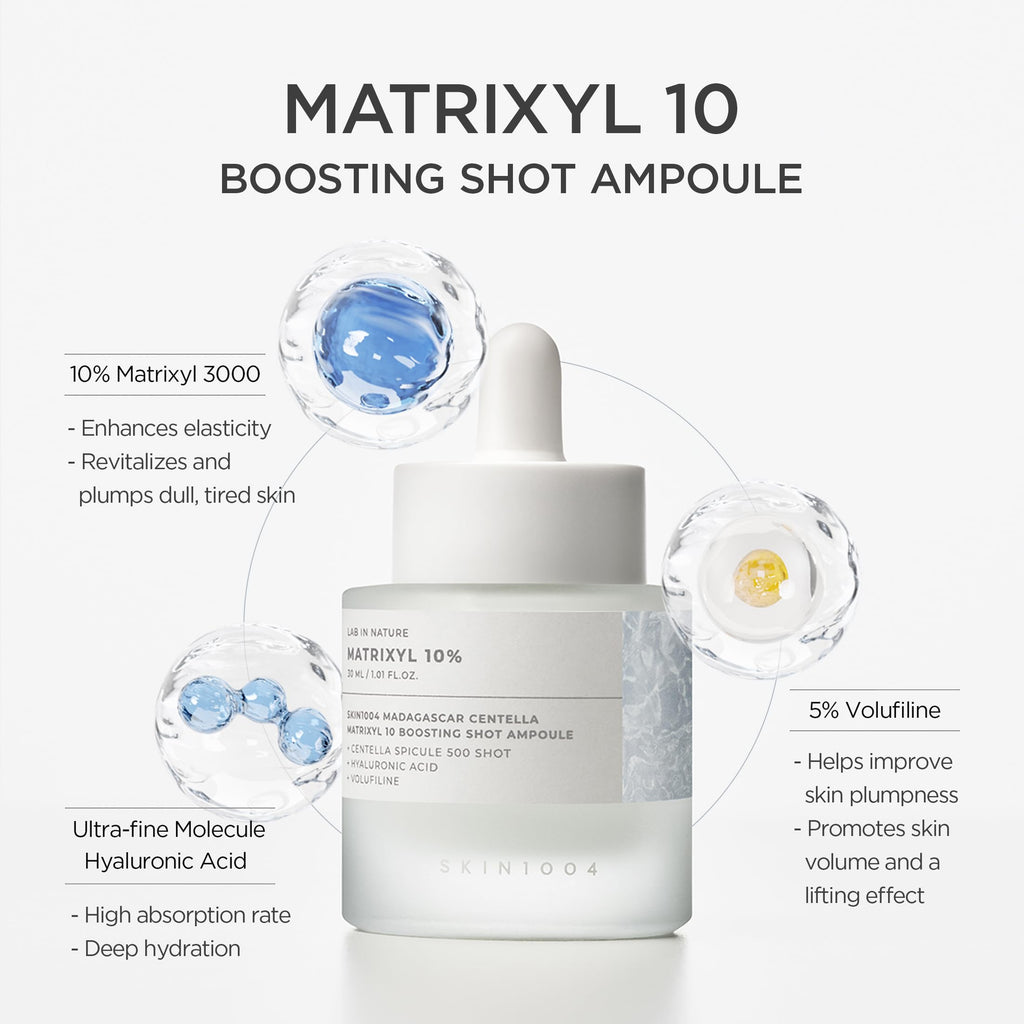 SKIN1004 Matrixyl 10% Boosting Shot Ampoule, Hyaluronic Acid Serum for Face, Facial Spicule Serum for Deep Hydration & Firming, Centella Ampoule with Panthenol, Korean Skin Care, 1.01fl.oz / 30ml